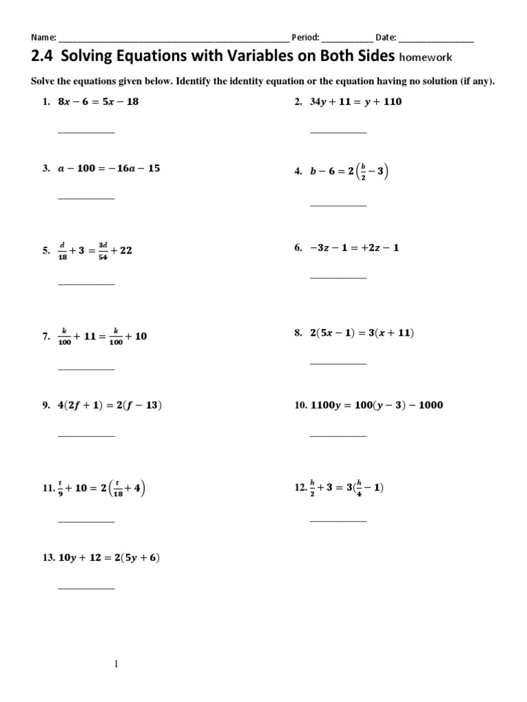 2 4 homework - solving equations with variables on both sides 1