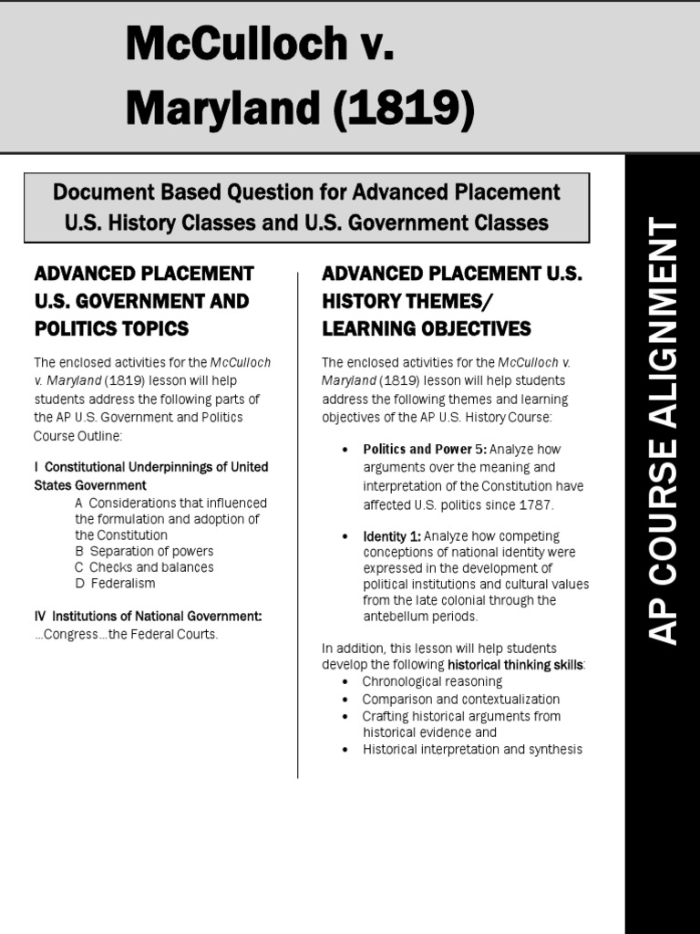 Ap Mcculloch V Maryland 1819 Final Necessary And Proper Clause Enumerated Powers