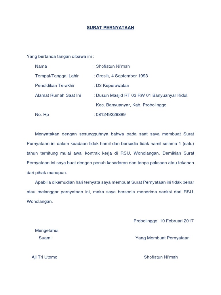 Surat Pernyataan Tidak Hamil Pdf