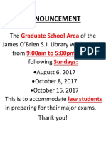 Announcement: Graduate School Area Open 9:00am To 5:00pm Sundays