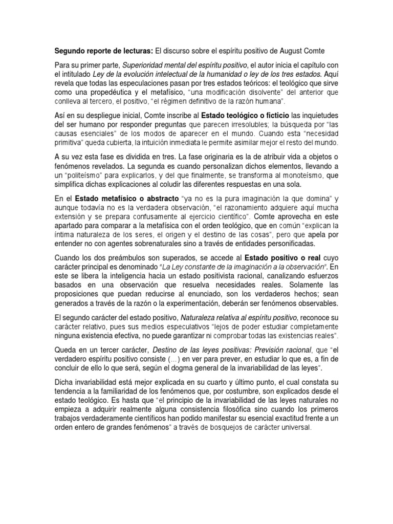 El Discurso Sobre El Espíritu Positivo de August Comte