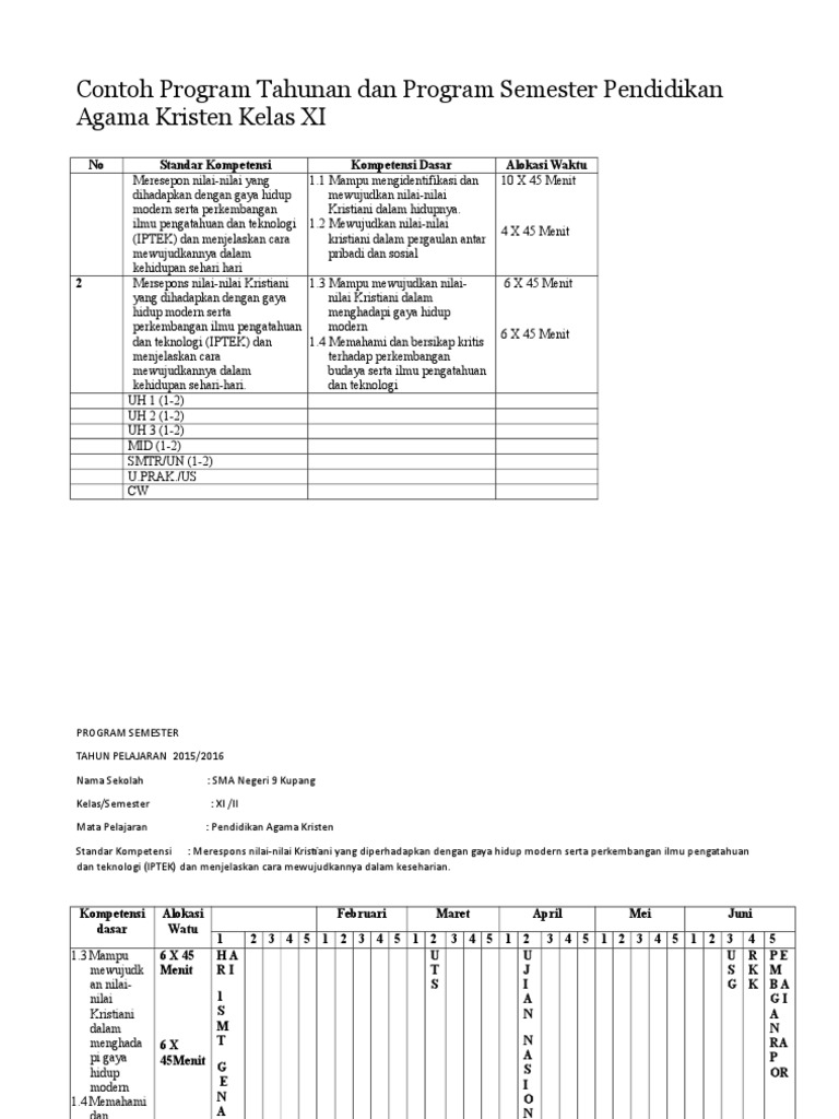 Contoh Program Tahunan Dan Program Semester Pendidikan Agama Kristen Kelas Xi