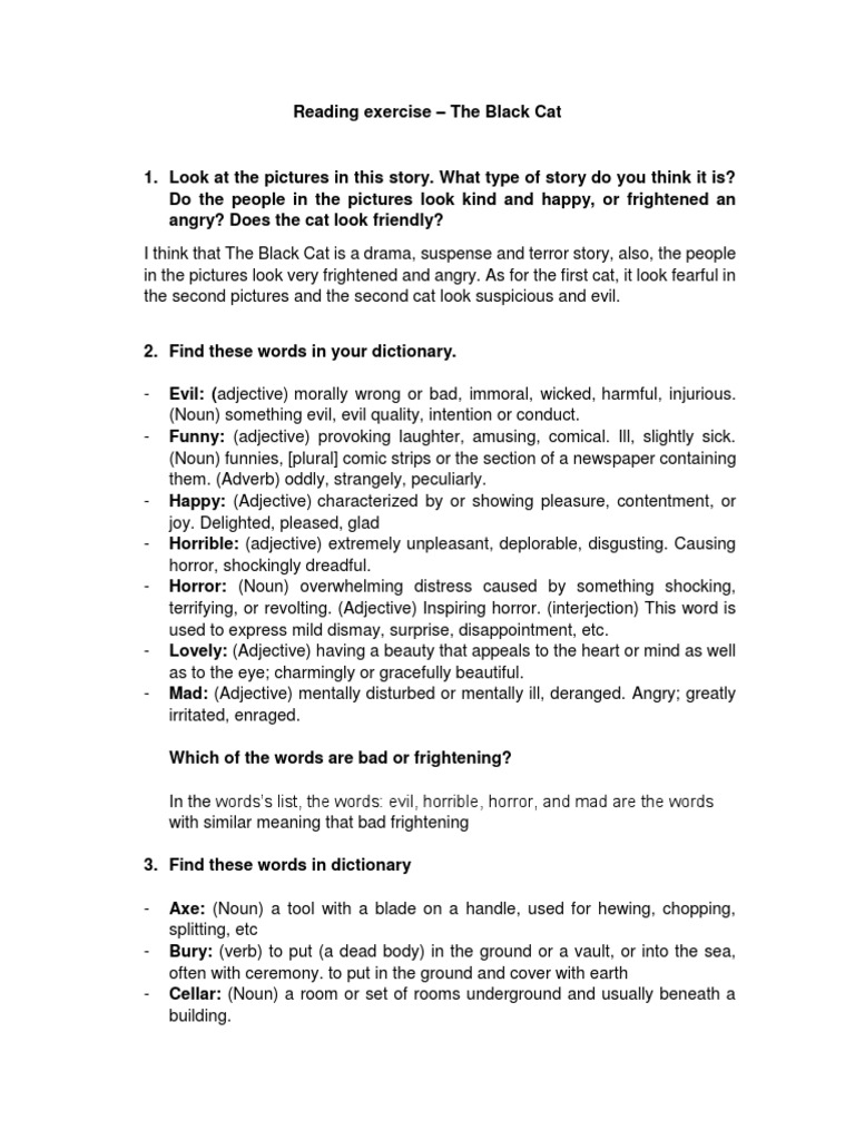 First Excercise Reading The Black Cat 1 PDF Horror Fiction Adjective