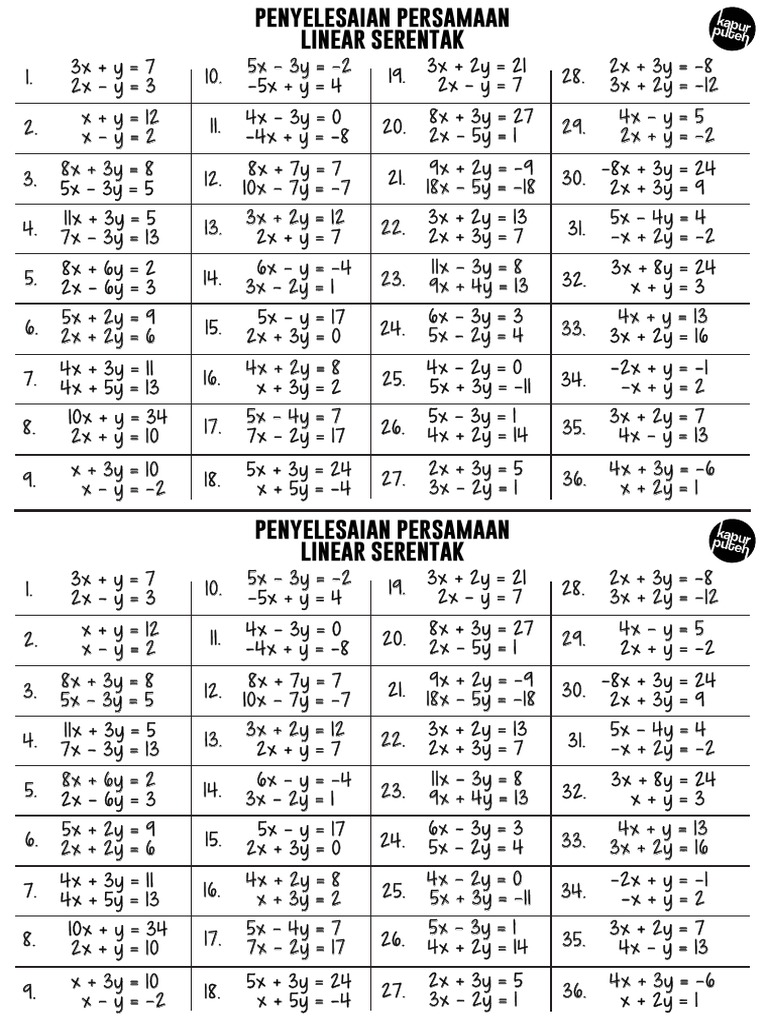 Worksheet Penyelesaian Persamaan Linear Serentak 2