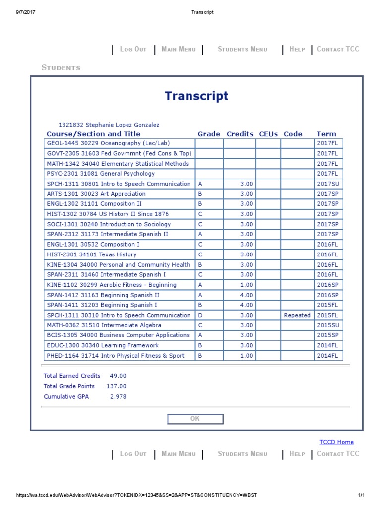 TCC Transcript for Stephanie Gonzalez | PDF | Academia | Cognition