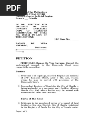 Petition for Issuance of New Owner's Duplicate Copy of Title - In Re Doc Navarro