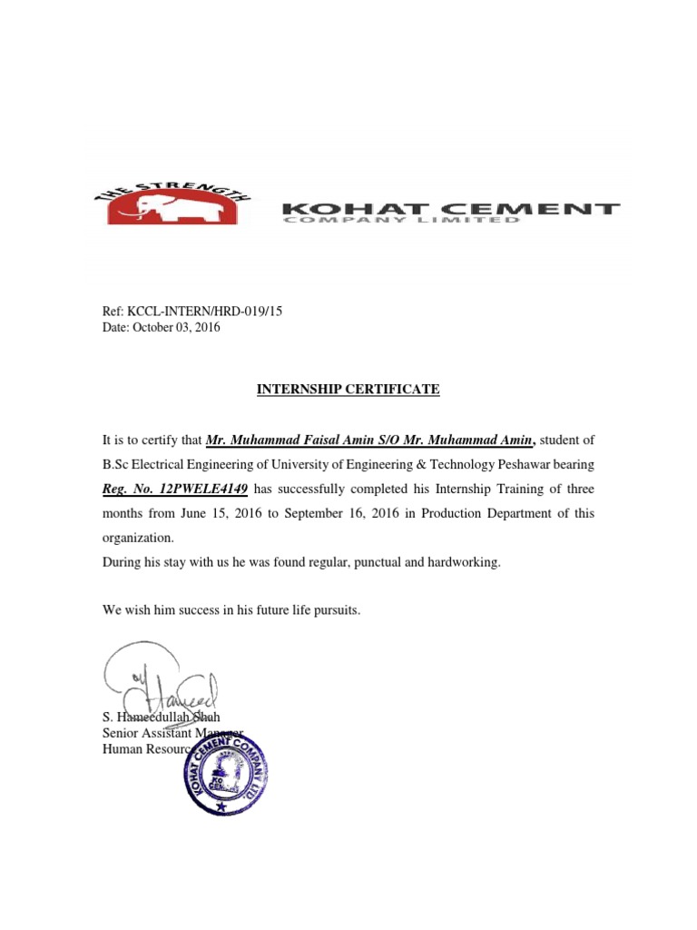 Kohat Cement Factory Internship PDF