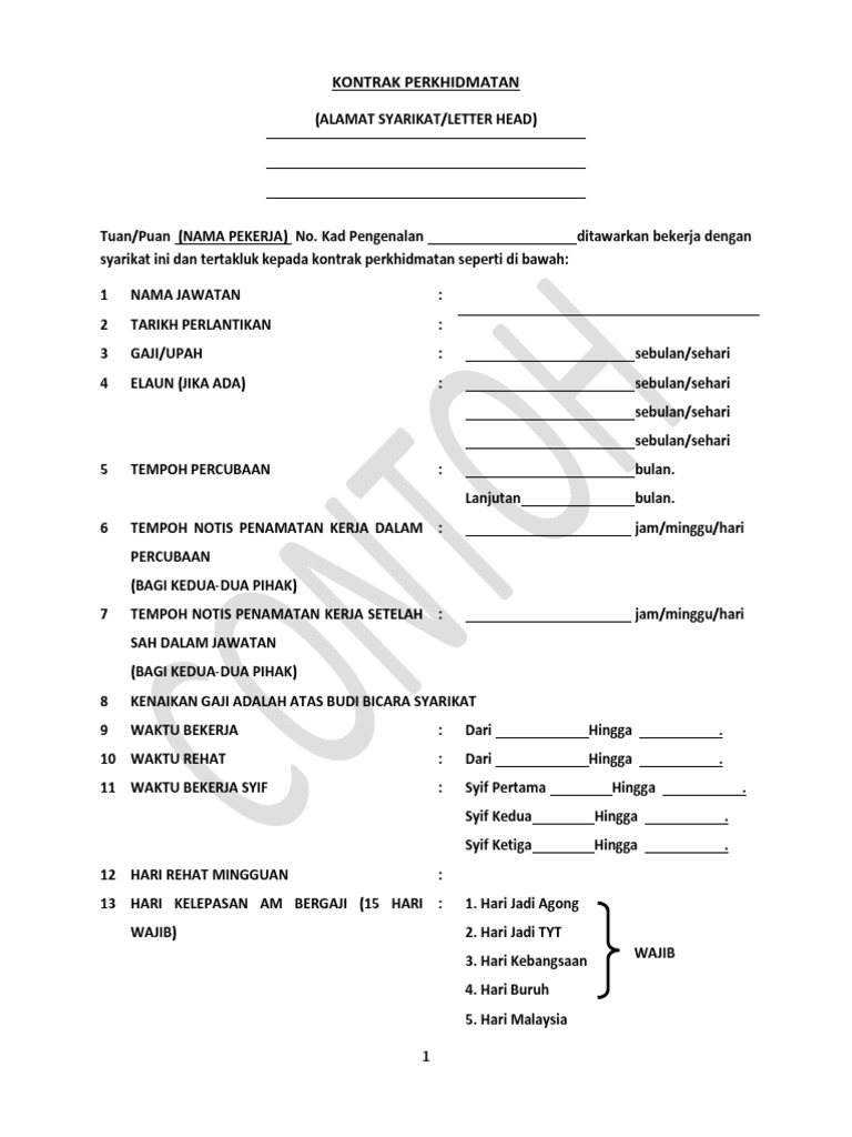 Contoh Kontrak Perkhidmatan