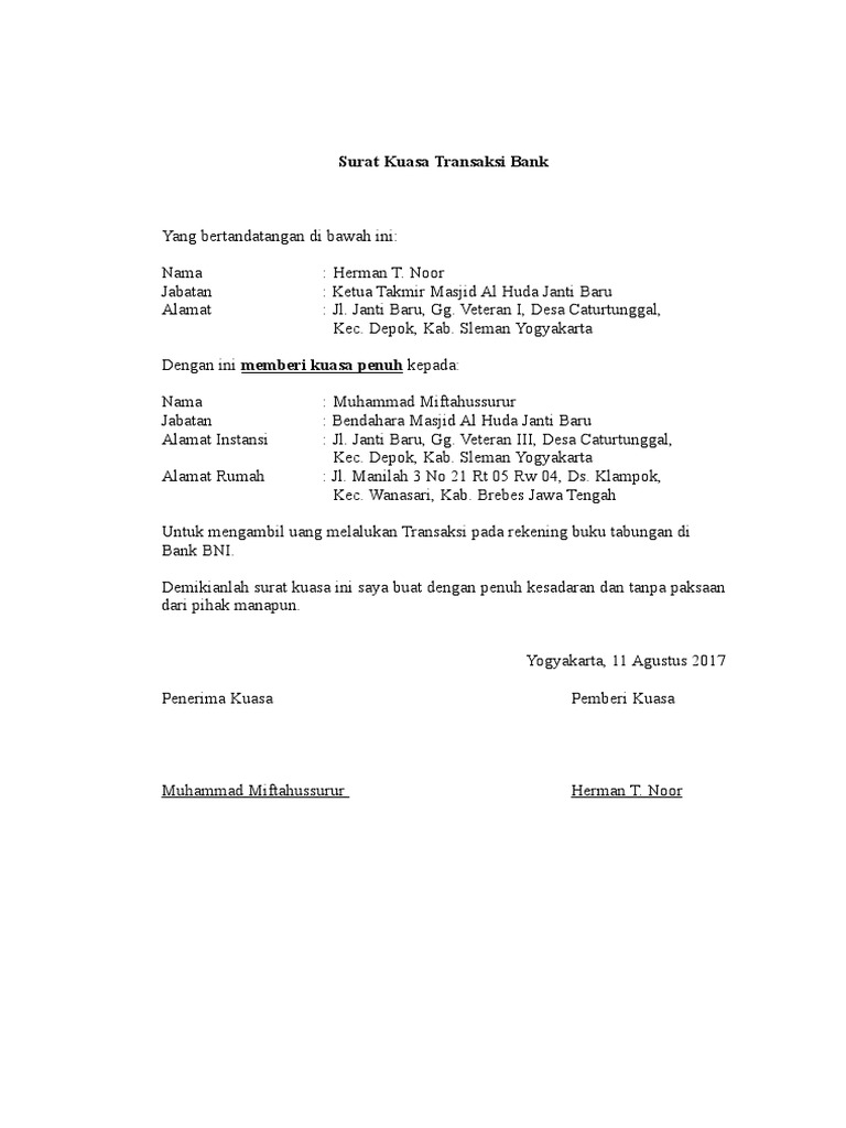 Surat Kuasa Pengambilan Uang Di Bank