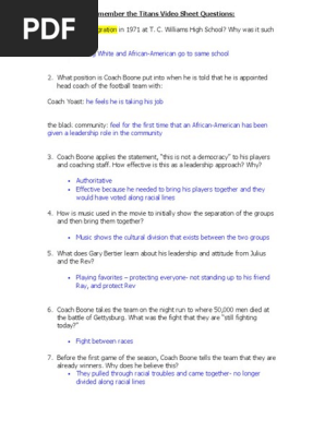 Remember The Titans Video Sheet Questions Key Society Racism