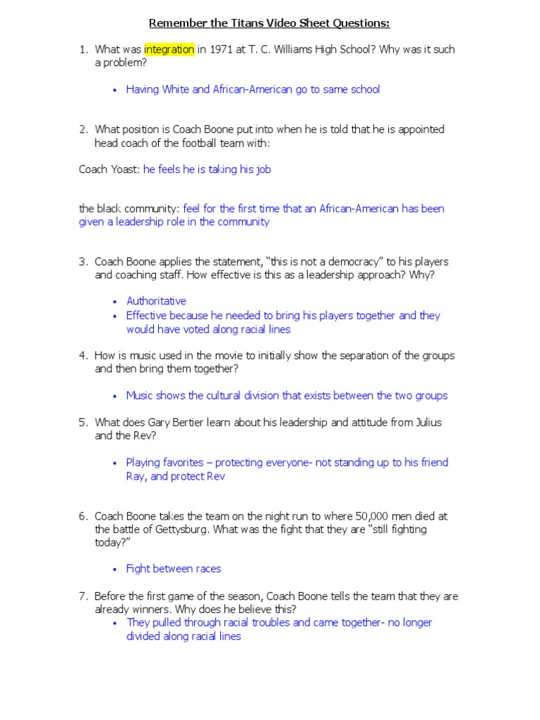 Remember The Titans Video Sheet Questions Key Society Racism