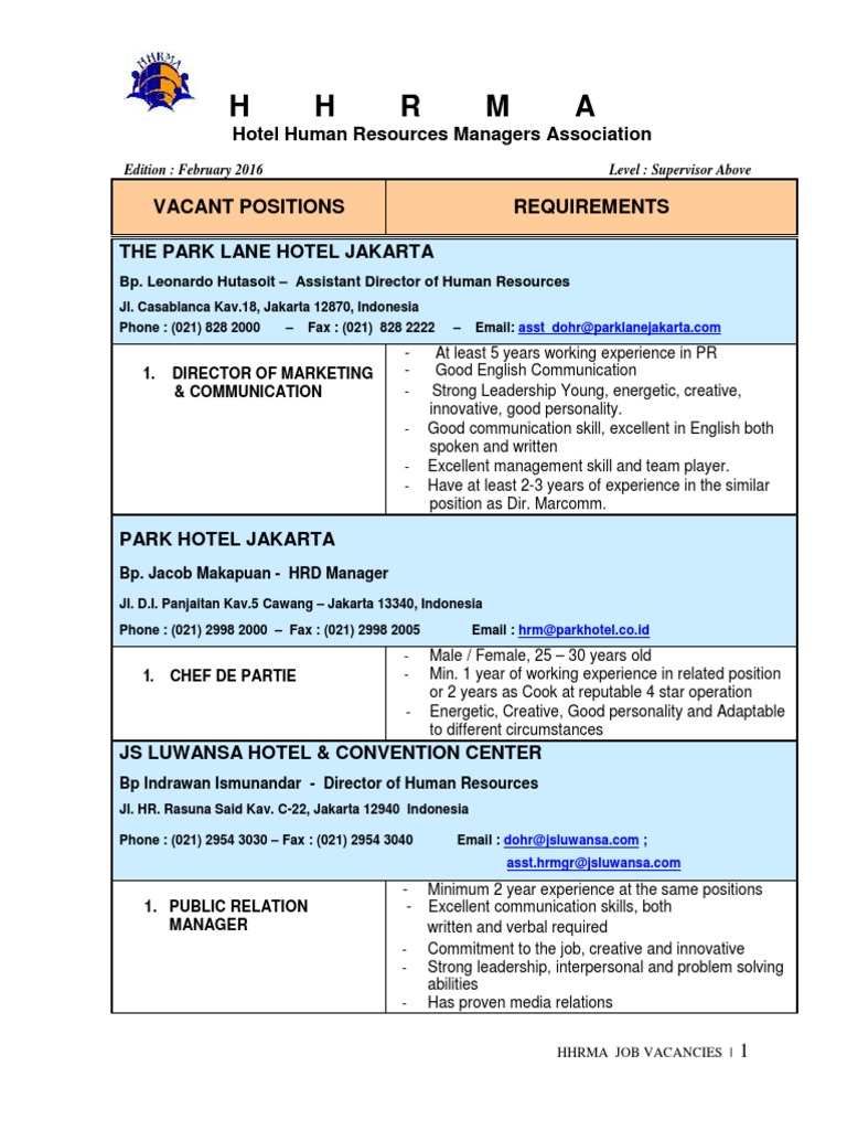Microsoft Word Hhrma Job Vacancy List February 2016