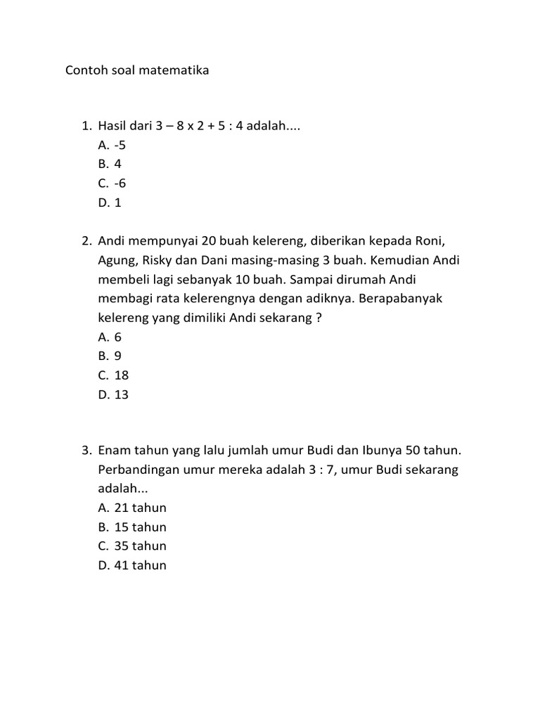 Contoh Soal Matematika Perbandingan