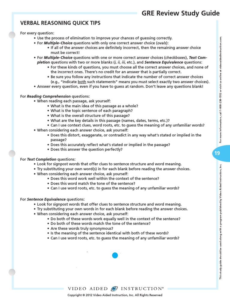 GRE Review Study Guide: Verbal Reasoning Quick Tips | PDF | Multiple ...