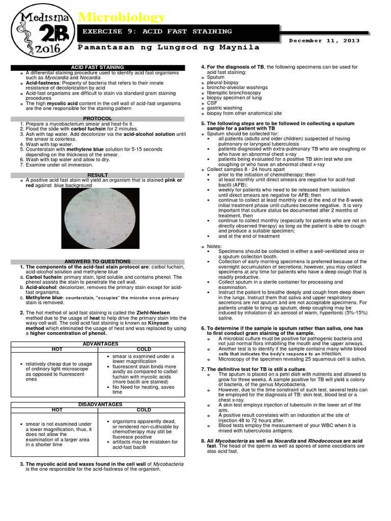 Acid Fast Staining Protocol Overview | PDF | Staining | Tuberculosis