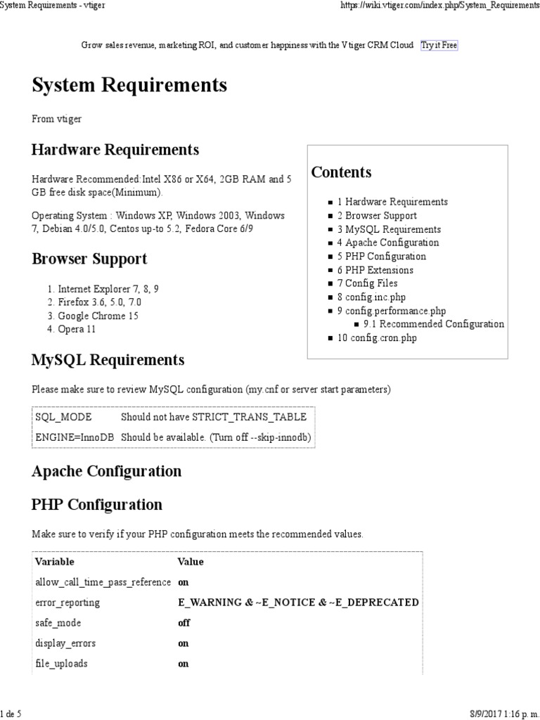 Vtiger CRM System Requirements Guide | PDF | Php | Databases