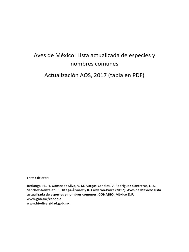 Resultado de imagen para Aves de MÃ©xico: Lista actualizada de especies y nombres comunes ActualizaciÃ³n AOS, 2017 (tabla en PDF)