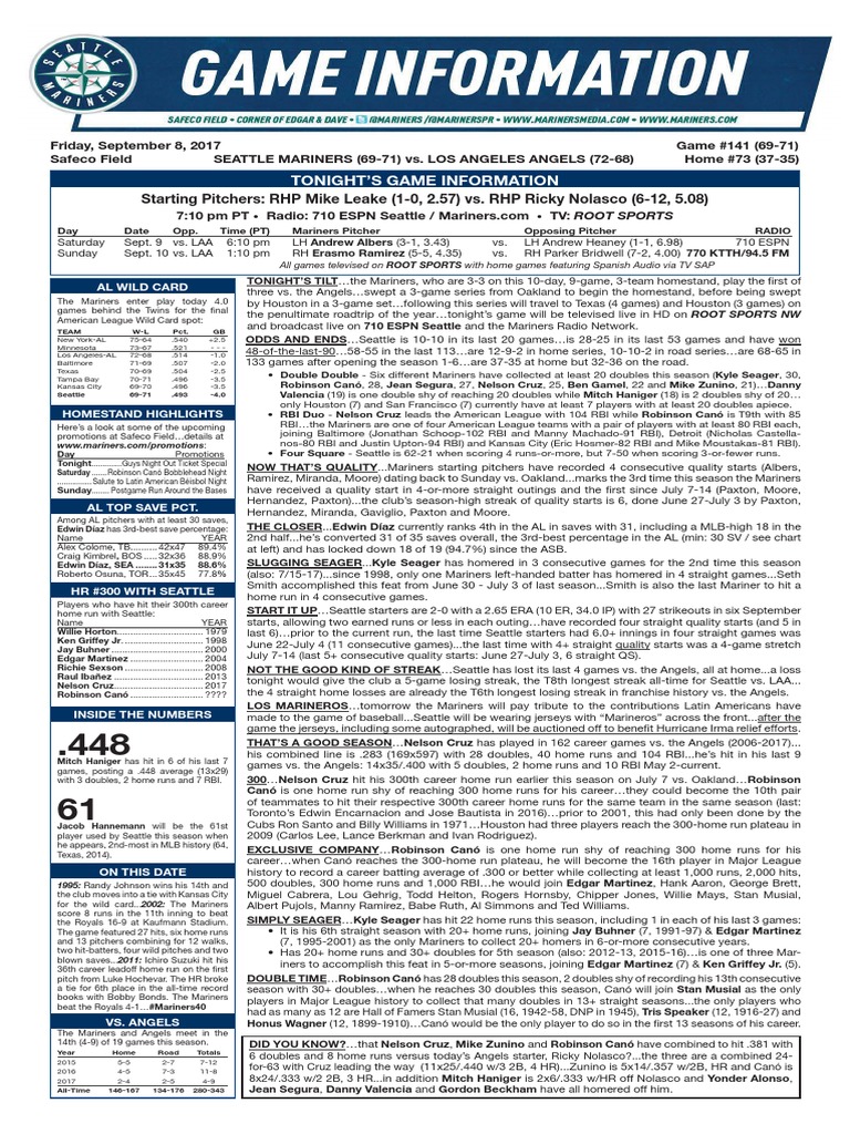 09.08.17 Game Notes | PDF | Home Run | Major League Baseball