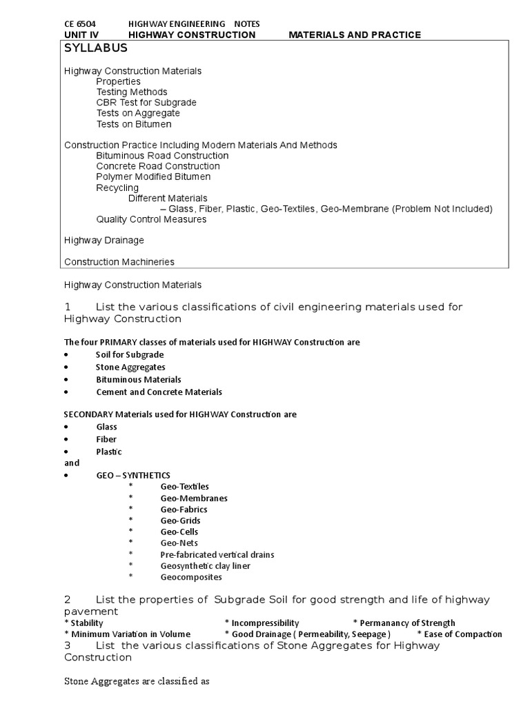 Highway Engg Unit 4 Notes PDF Asphalt Emulsion