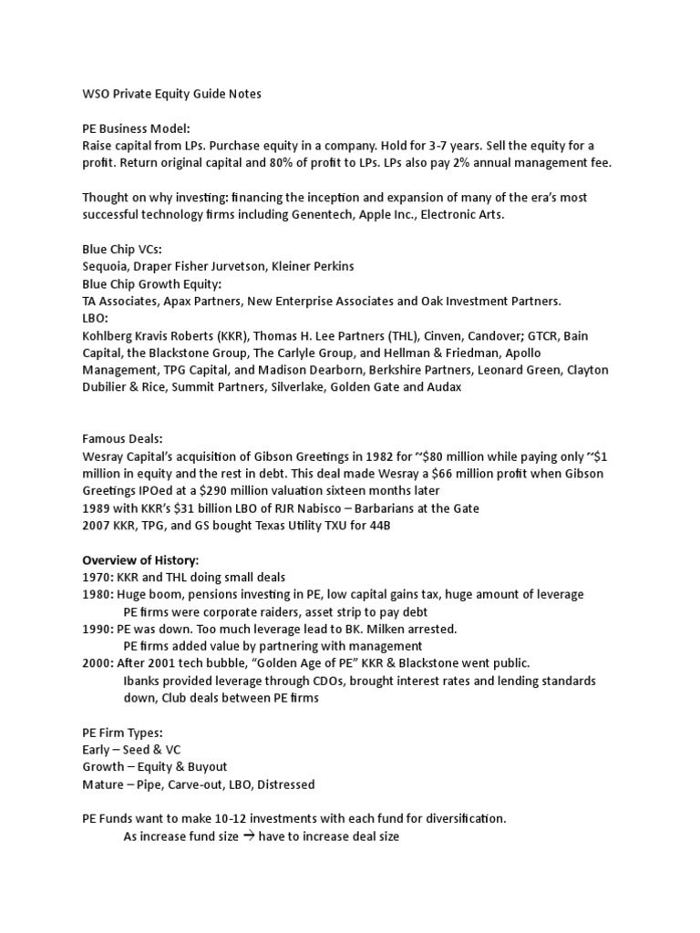 WSO Private Equity Guide Notes PDF Private Equity Leveraged Buyout