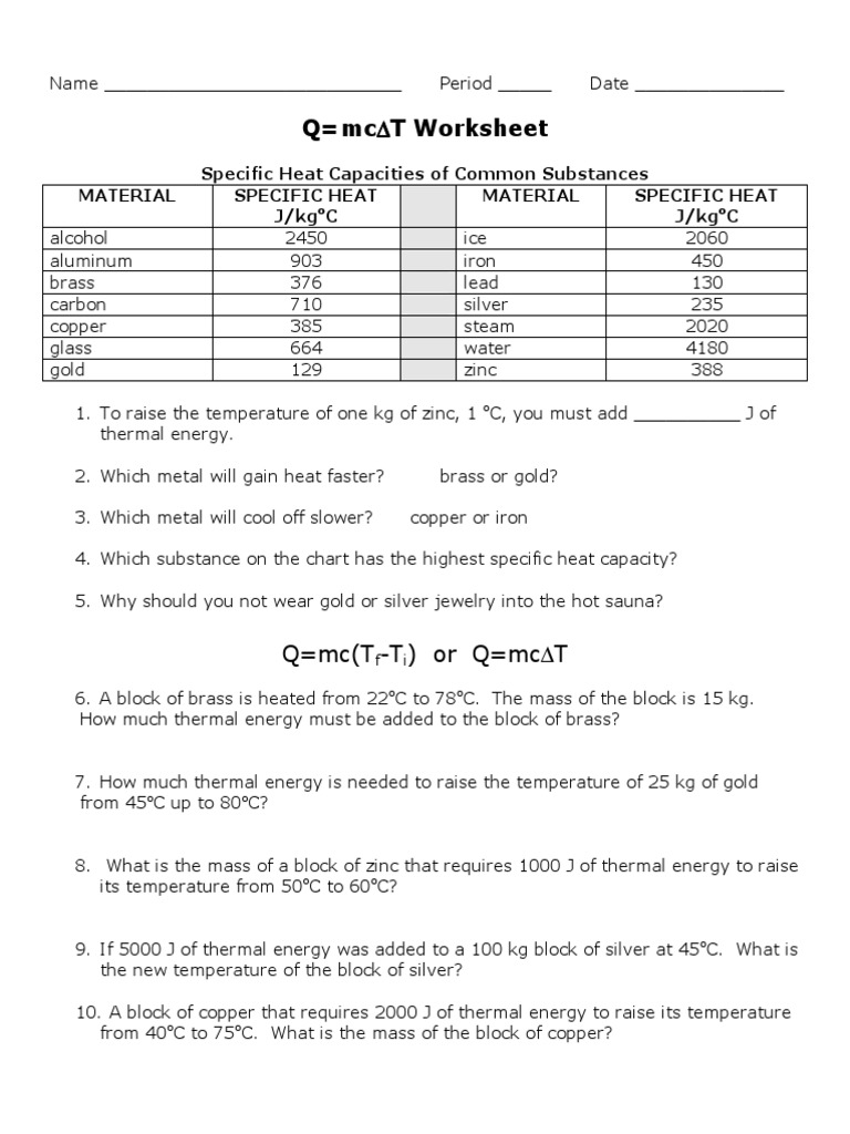 worksheet Specific Heat Capacity Worksheet heat and thermal energy worksheet capacity heat