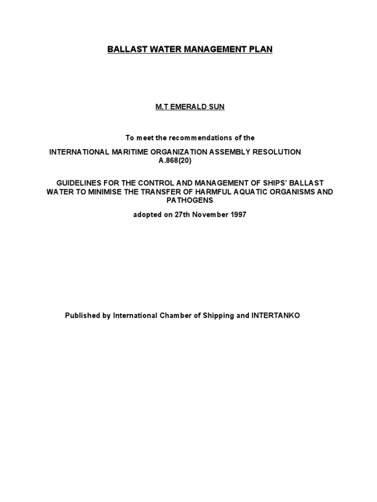 Model Ballast Water Management Plan Ships Sea