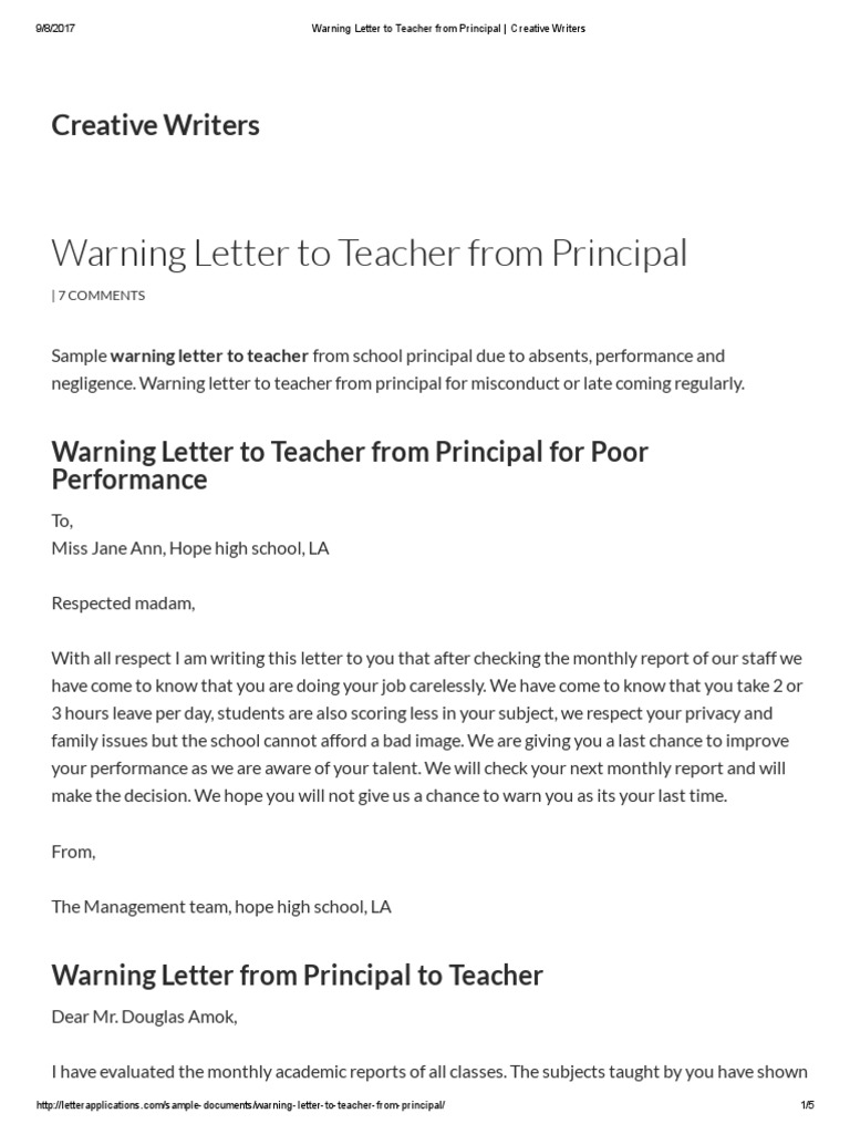 Warning Letter To Teacher From Principal - Creative Writers | PDF 