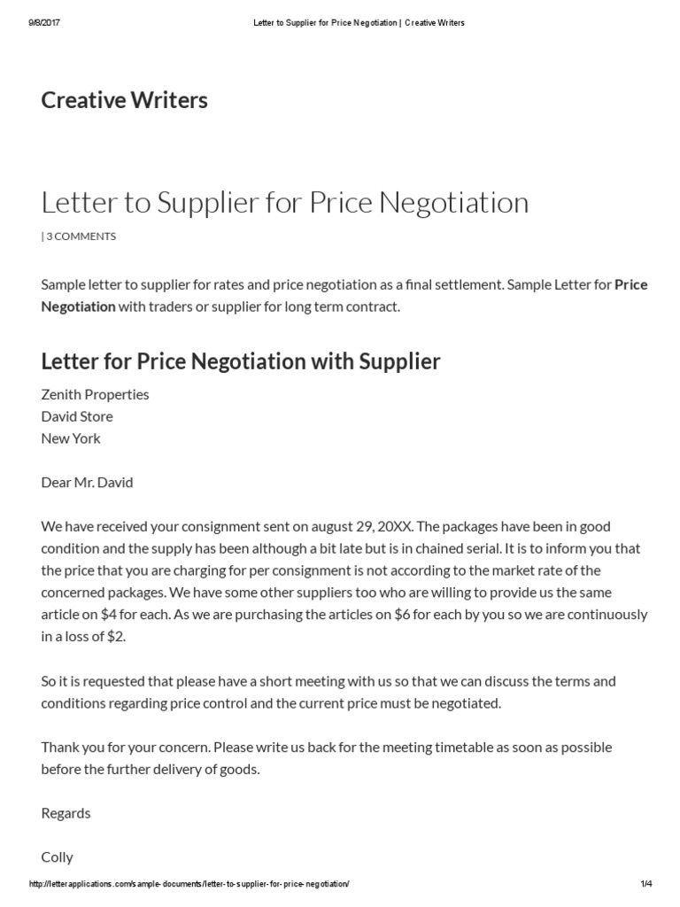 Letter To Supplier For Price Negotiation Creative Writers PDF