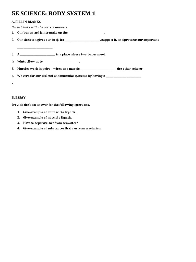 5E Science: Body System 1: Fill in Blanks With The Correct Answers | PDF