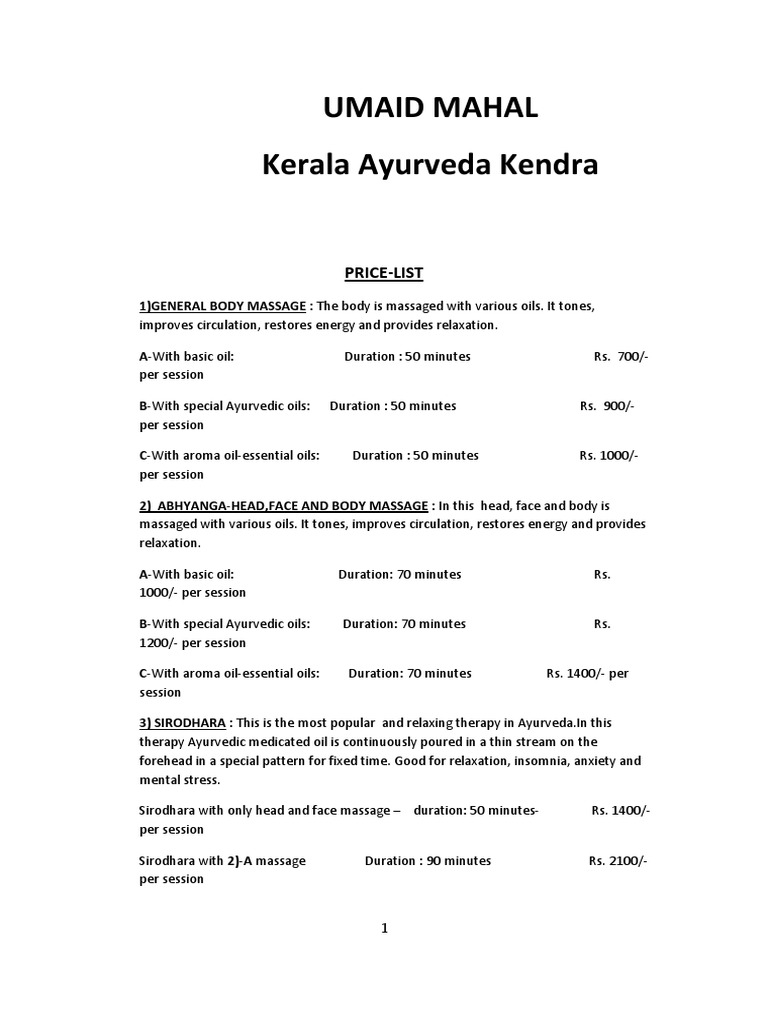 Kerala Ayurveda KendraMenu PDF Ayurveda Massage