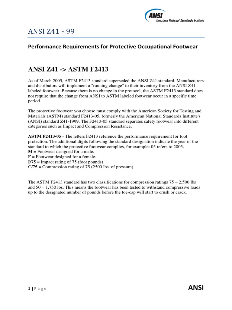 ASTM F2413 vs ANSI Z41 Footwear Standards | PDF | Technology & Engineering