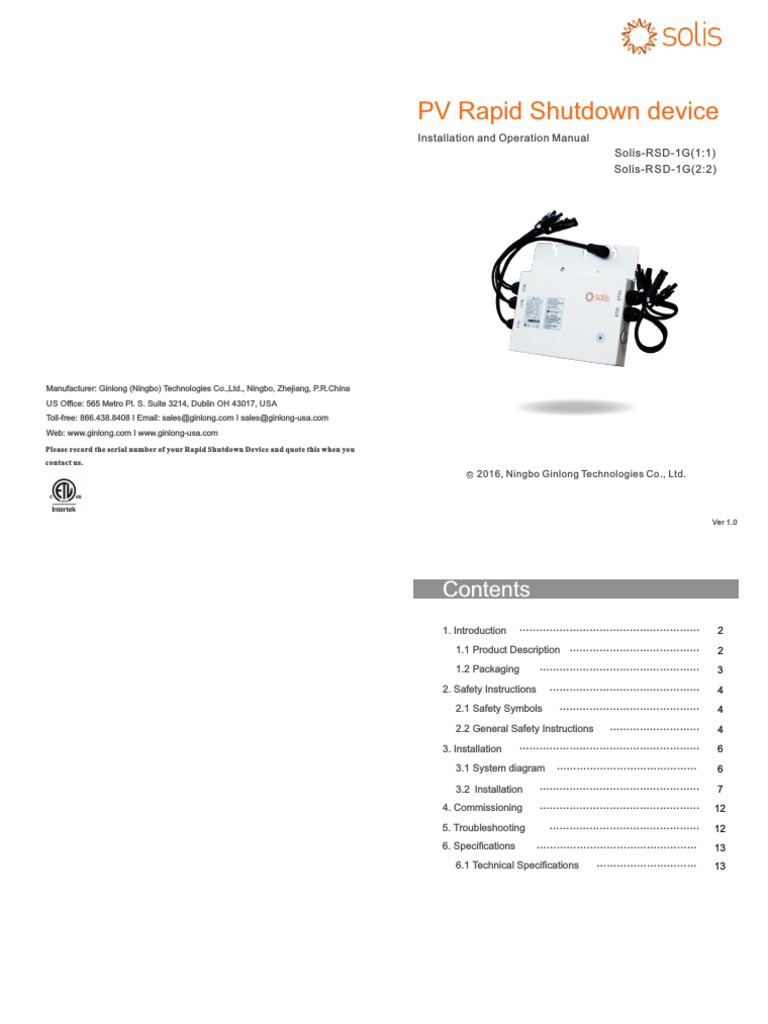 Solis Rapid Shutdown Device Manual | PDF | Photovoltaic System | Power ...