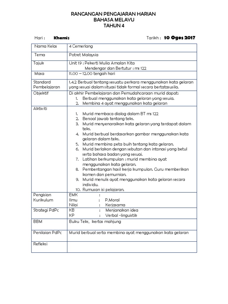 RPH BM TAHUN 4 MINGGU 29 - Khamis, 10 Ogos 2017  PDF