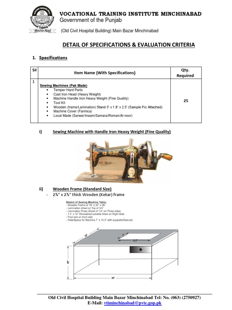 Sewing Machines Specifications for VTIM | PDF