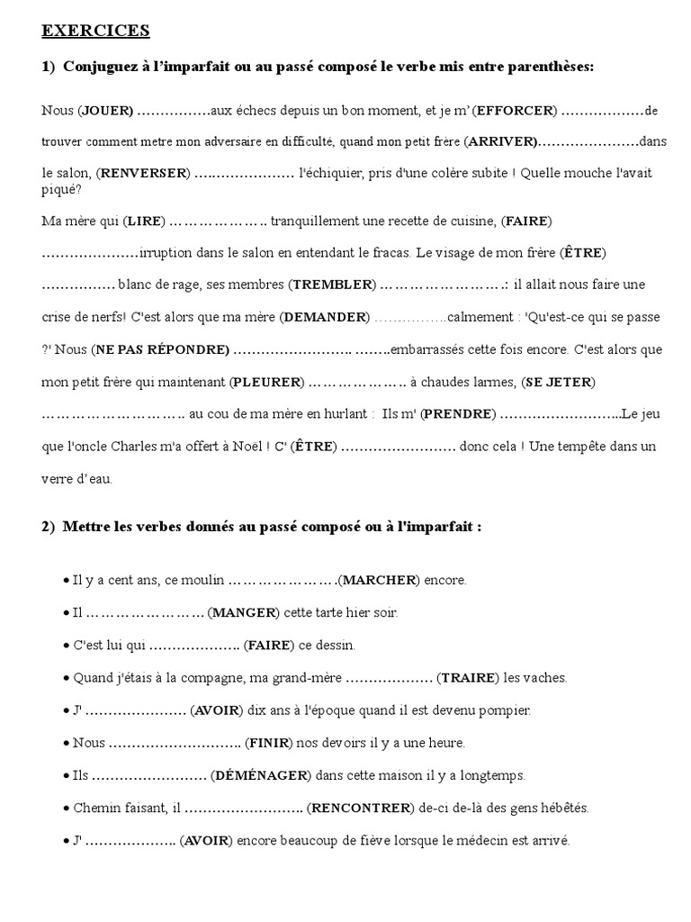 Exercices Passe Compose Imparfait 1 Loisirs