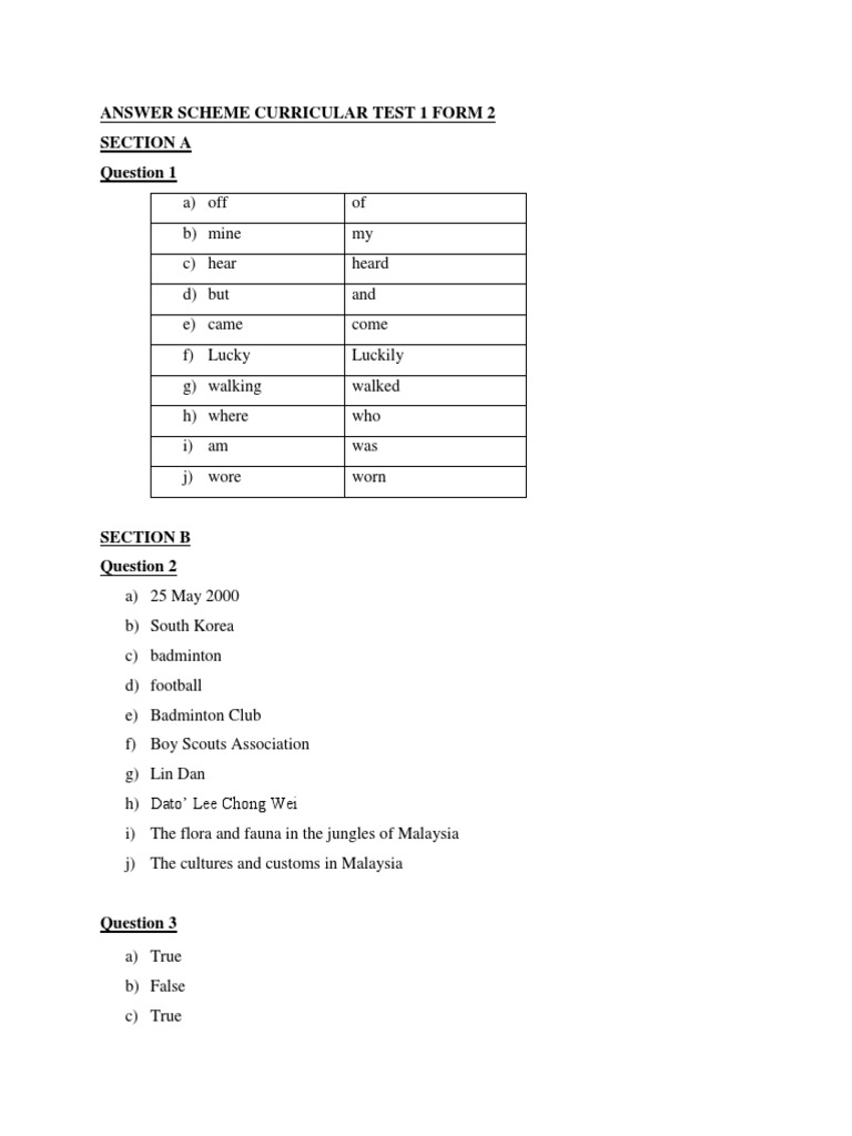 Answer Scheme Curricular Test 1 Form 2 | PDF