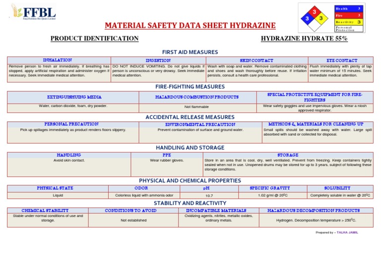 Material Safety Data Sheet (Hydrazine) PDF Personal Protective Equipment Water
