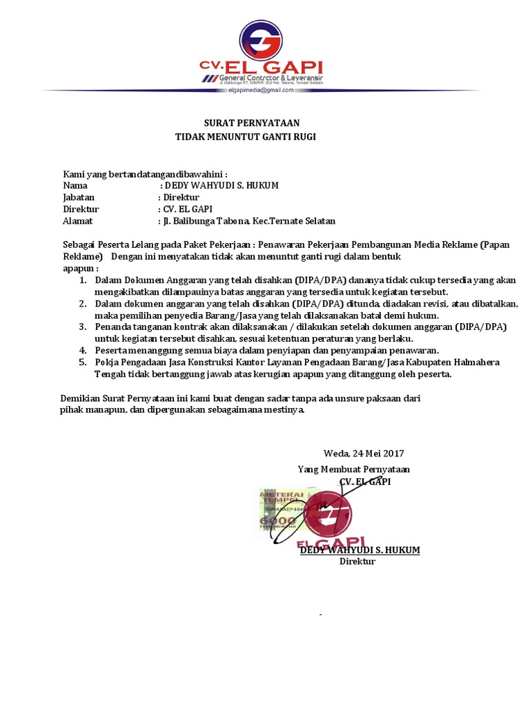 Contoh Surat Pernyataan Badan Usaha