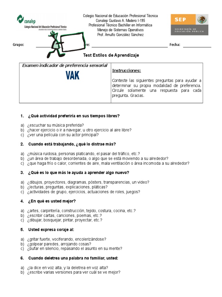 Test para Estilos de Aprendizaje VAK Sistemas Operativos Imprimir | PDF ...