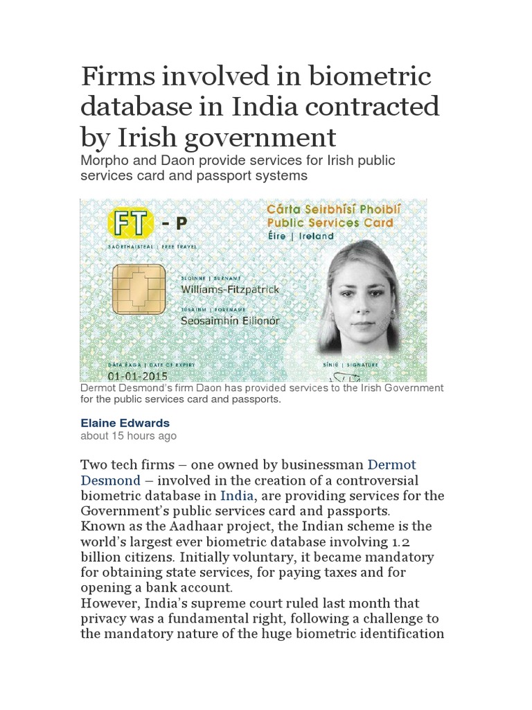 Firms Involved in Biometric Database in India Contracted by Irish