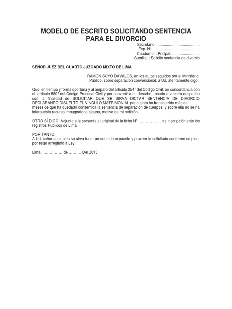 Modelo de Escrito Solicitando Sentencia para El Divorcio | PDF
