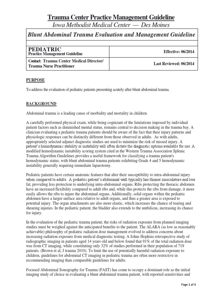 PEDIATRIC Blunt Abdominal Injury MGMT Guidelines Algorithm | PDF ...