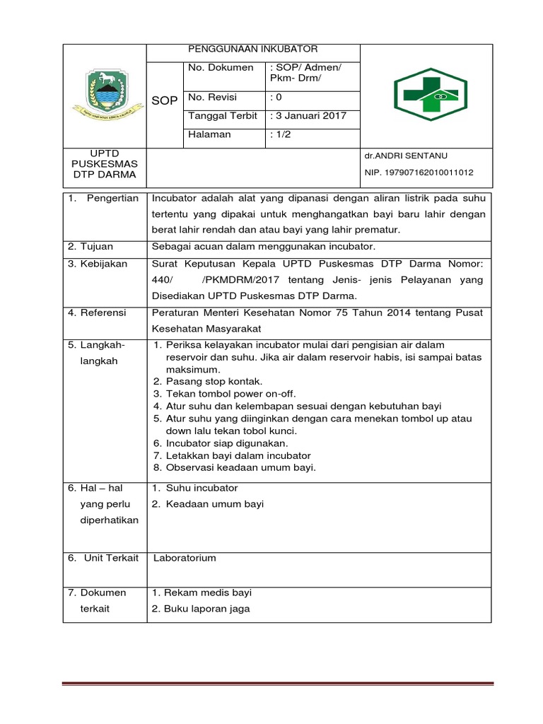 Sop Penggunaan Inkubator