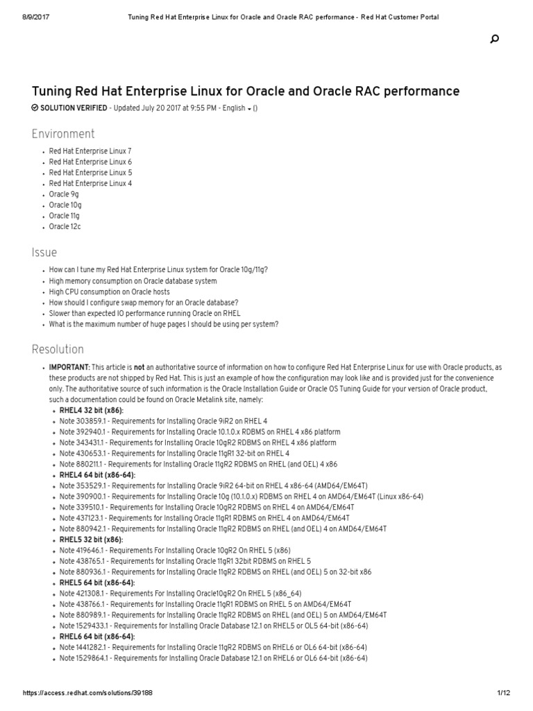 Tuning Red Hat Enterprise Linux For Oracle and Oracle RAC Performance | PDF  | Oracle Database | 64 Bit Computing