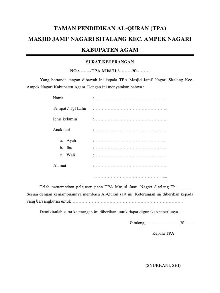 Surat Keterangan Tamat Mengaji