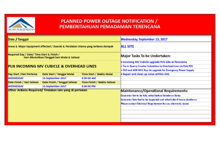 Planned Power Outage Notification / Pemberitahuan Pemadaman Terencana | PDF