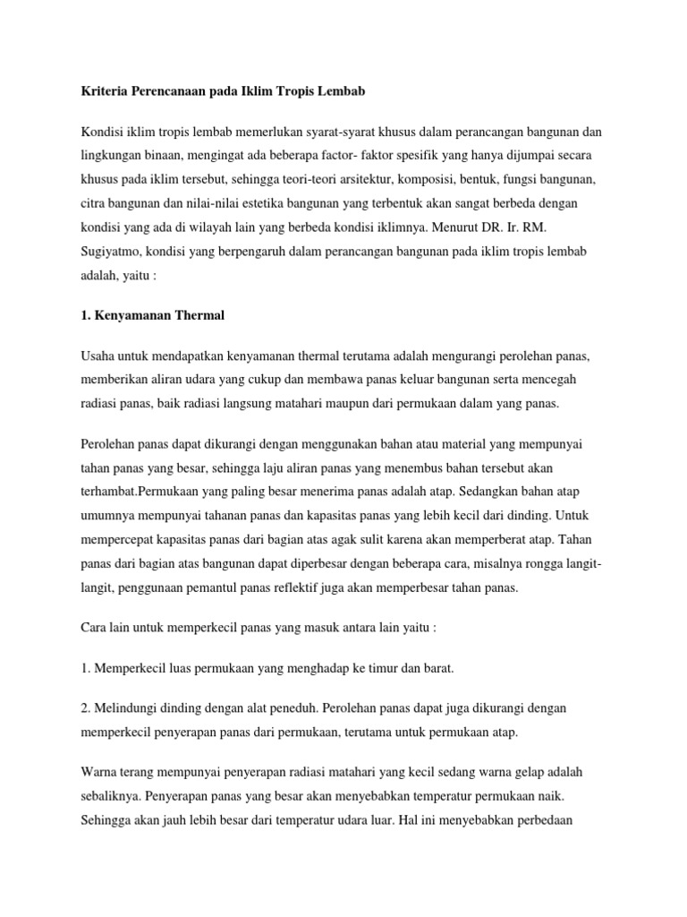 Kriteria Perencanaan pada Iklim Tropis Lembab | PDF