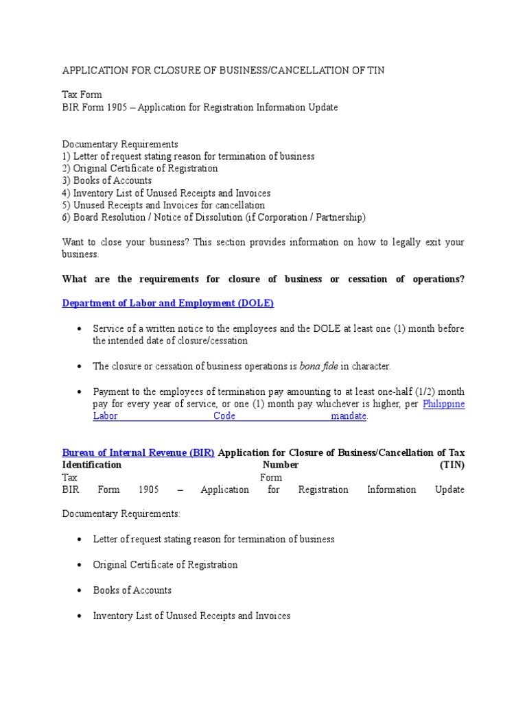 Labace: Sample Letter Of Closure Of Business To Bir