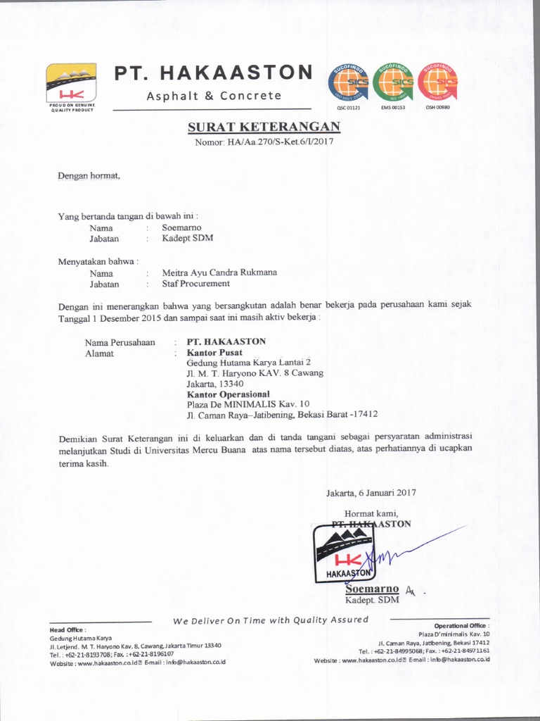 Surat Keterangan Aktif Kerja | PDF