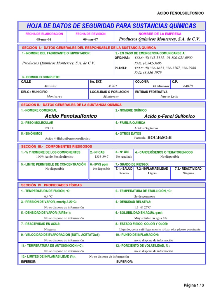 Acido P-fenol Sulfonico